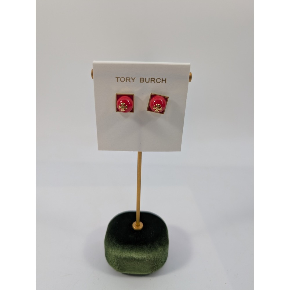 Tory Burch Red Gold Tone Square Logo Stud Earrings - New - Picture 2 of 4